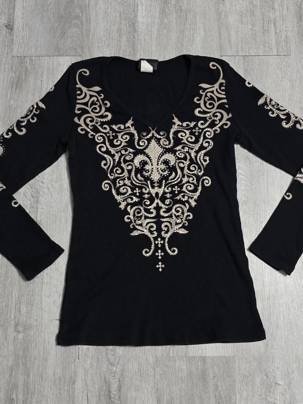 Y2K How Cute! Black Rhinestones Long Sleeve Top Western Cowgirl Rodeo Medium